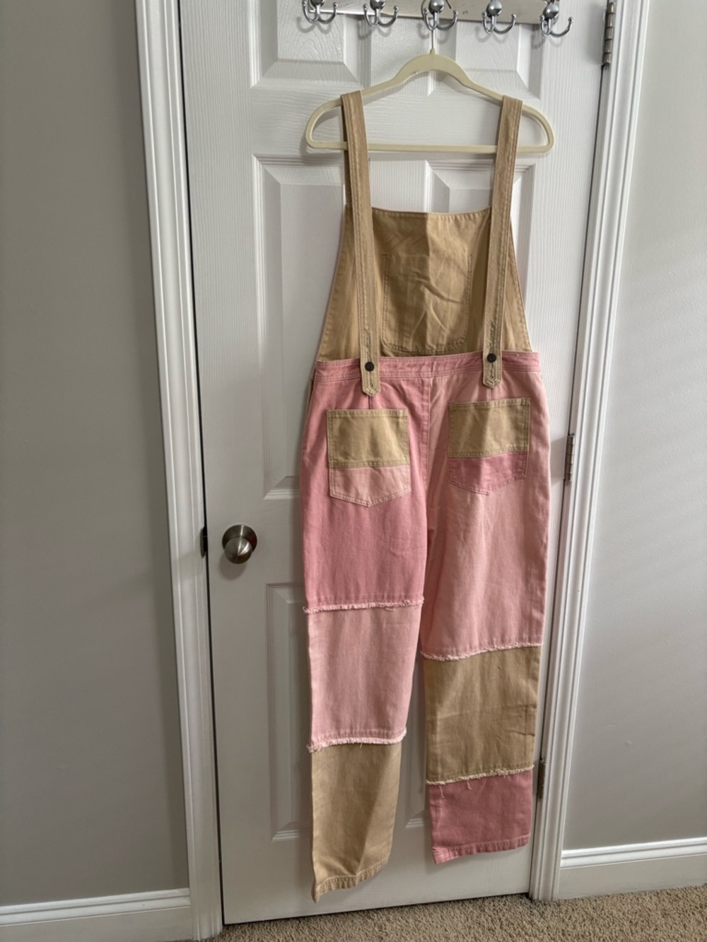 NWT Easel Two-Tone Pink and Tan Patchwork Overalls - Picture 3 of 5